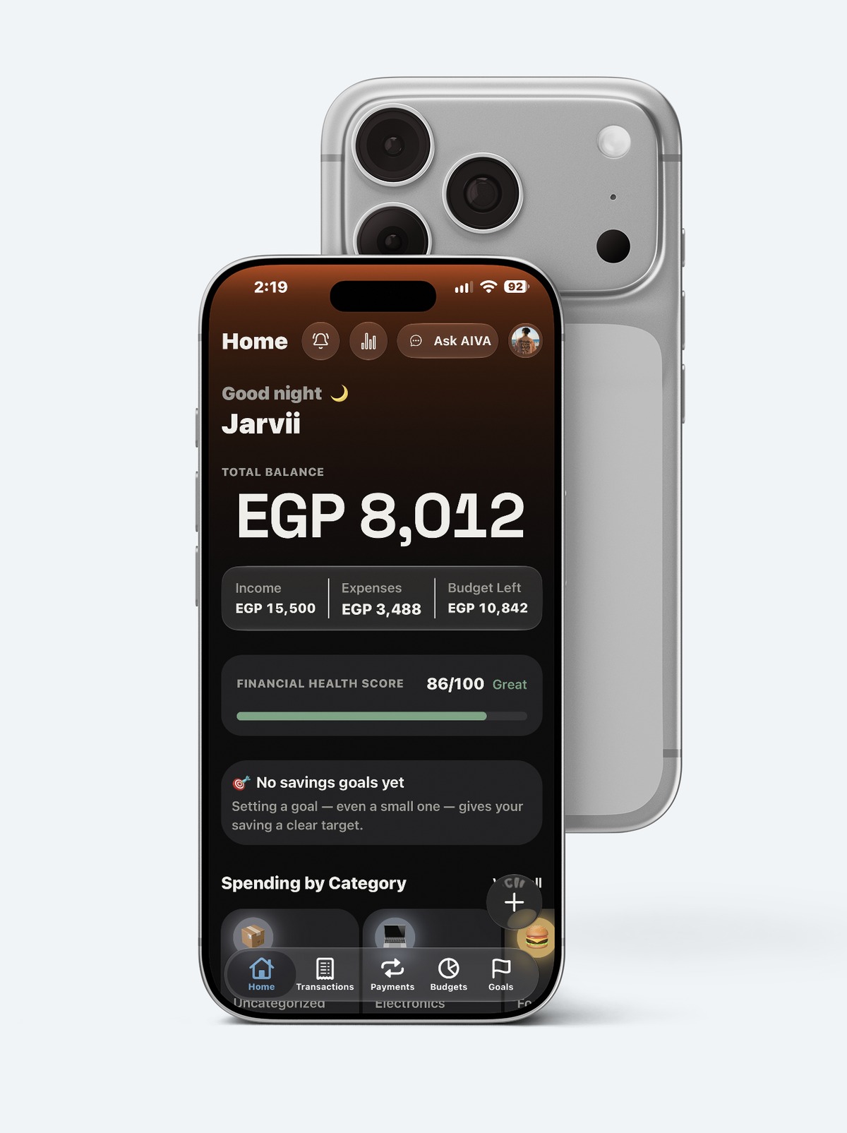 AIVA dashboard showing total balance, financial health score, and spending by category, on an iPhone in front of its own matching camera housing